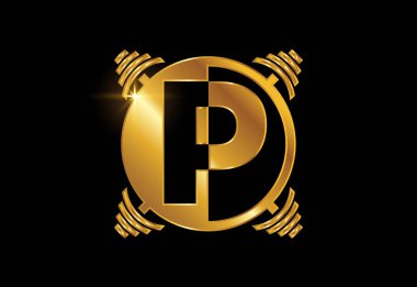 P harfinin baş harfleri halterli alfabe. Vektör logosu tasarımı kaldırılıyor. Vücut geliştirme için vektör logosu