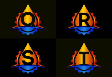 Initial Q R S T monogram alphabet with gear swoosh and oil. Oil and gas logo concept. Font emblem