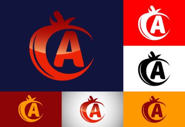 Domatesli baş harfleri A harfli alfabe. Domates logosu tasarım şablonu. Yazı tipi amblemi. Organik yiyecekler