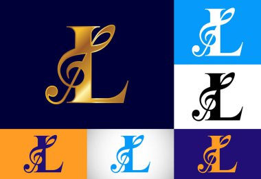 L harfinin baş harfleri alfabe şeklinde ve notalı. Senfoni ya da melodi işaretleri. Müzik işareti sembolü.