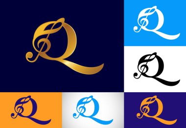 Q harfinin baş harfleri alfabe şeklinde ve notalı. Senfoni ya da melodi işaretleri. Müzik işareti sembolü.