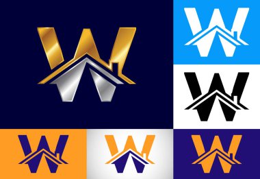 W harfinin baş harfleri, çatılı alfabe. Ev ya da ev tabelası. Emlak logosu konsepti. Yazı tipi amblemi. Emlak işi ve şirket kimliği için modern vektör logosu.