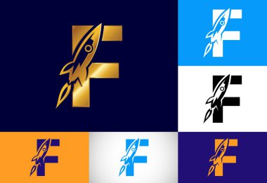 Roket logosu dizaynlı ilk F harfli alfabe. Roket ikonu. Yazı tipi amblemi. İş ve şirket kimliği için modern vektör logosu.