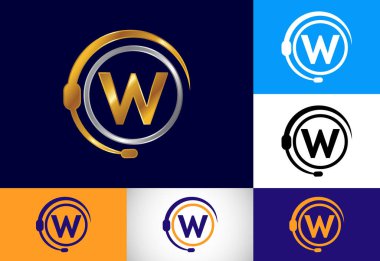 W harfinin baş harfleri alfabe ve kulaklıklı destek servisi. Kulaklık logosu. Yardım hattı müşteri tavsiyesi, çağrı merkezi yardımı