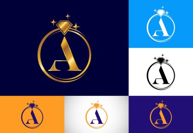 A harfinin baş harfleri, Diamond 'la daire şeklinde. Elmas Yüzük Logosu. Mücevher logosu tasarımı konsepti. İş ve şirket kimliği için modern vektör logosu.