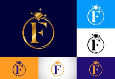 F harfinin baş harfleri alfabede Elmas ile daire şeklinde. Elmas Yüzük Logosu. Mücevher logosu tasarımı konsepti. İş ve şirket kimliği için modern vektör logosu.