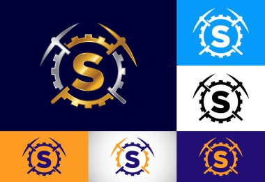 S harfinin baş harfleri alfabede kazma ve vites levhası ile. Madencilik logosu tasarımı. Madencilik ve şirket kimliği için modern vektör logosu.
