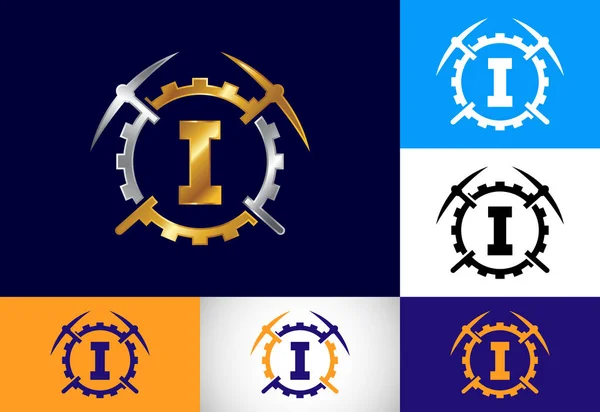 Alphabet Initial Lettre Monogramme Avec Pioche Signe Engrenage Conception Logo — Image vectorielle