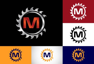 Testere bıçağıyla baş harfleri M harfleri alfabesi. Marangozluk, marangozluk logosu tasarımı. Yazı tipi amblemi. kereste fabrikası ve şirket kimliği için modern vektör logosu