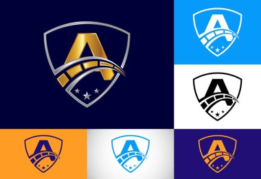 Hız göstergesi ve kalkan işaretli baş harfli A harfi. Otomotiv logosu tasarımı