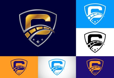 C harfinin baş harfinde hız göstergesi ve kalkan işareti var. Otomotiv logosu tasarımı