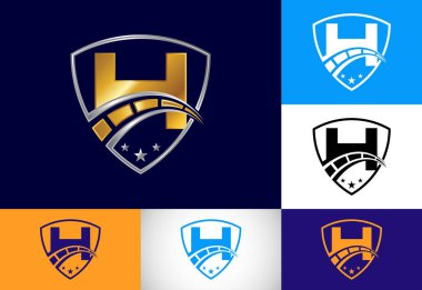 H harfinin baş harfinde hız göstergesi ve kalkan işareti var. Otomotiv logosu tasarımı