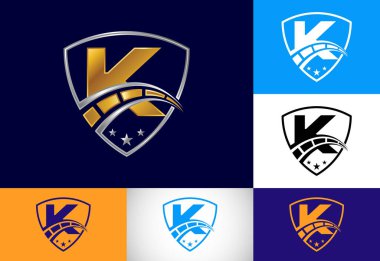 K harfinin baş harfinde hız göstergesi ve kalkan işareti var. Otomotiv logosu tasarımı