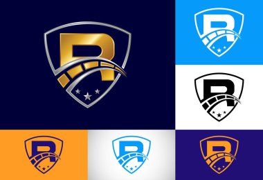 R harfinin baş harfinde hız göstergesi ve kalkan işareti var. Otomotiv logosu tasarımı