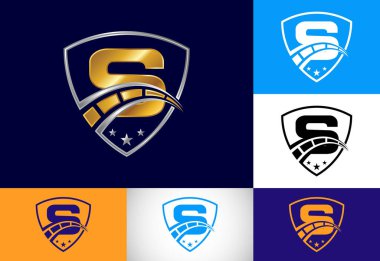 S harfinin baş harfinde hız göstergesi ve kalkan işareti var. Otomotiv logosu tasarımı