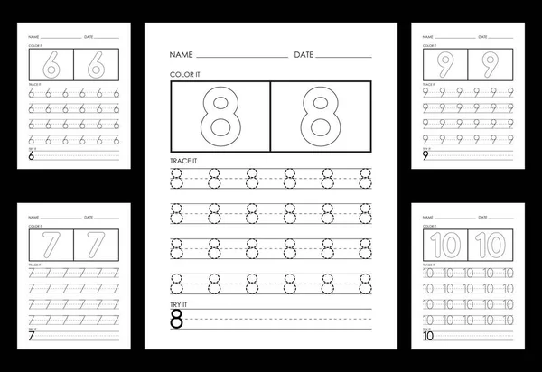 Traceren Kleuren Nummers Werkbladen Leren Nummers — Stockvector