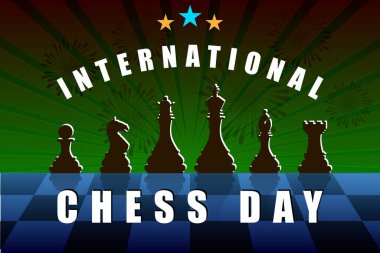 Uluslararası Satranç Günü Vektör Tasarım Şablonu. Satranç Parçaları ve Tahta.
