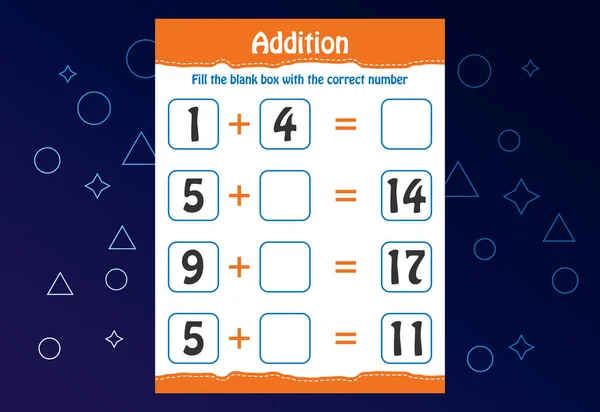 Basic Math Addition Kids Fill Blank Box Correct Number Worksheet — Image vectorielle