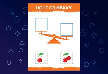 Light or heavy educational worksheet with scales. Heavier and lighter weight object learning