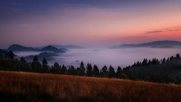 Bela paisagem com vales, sol e nevoeiro nas montanhas Pieniny — Fotografia de Stock