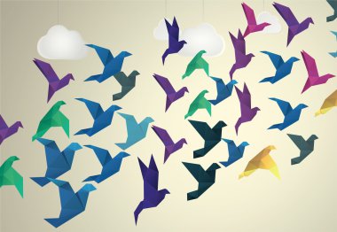 Origami Kuşları uçan ve sahte bulutlar arka planda