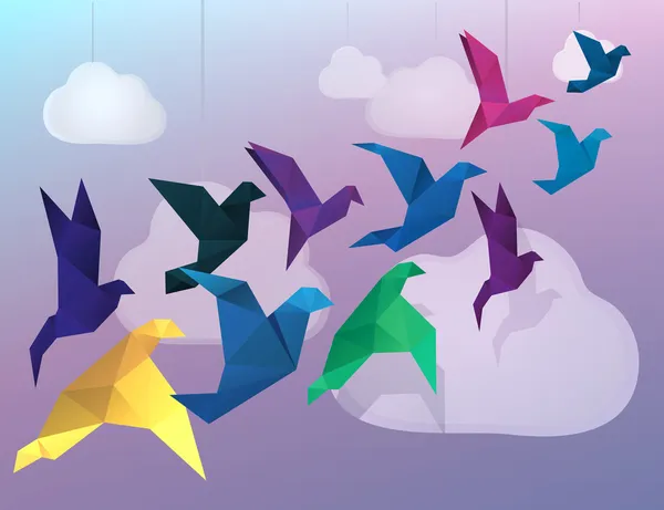 Origami pássaros voando e nuvens falsas fundo — Vetor de Stock