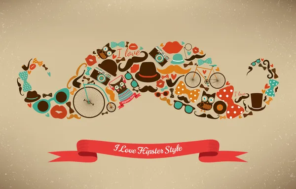 I Love Hipster Style Icône Set en forme de moustache — Image vectorielle