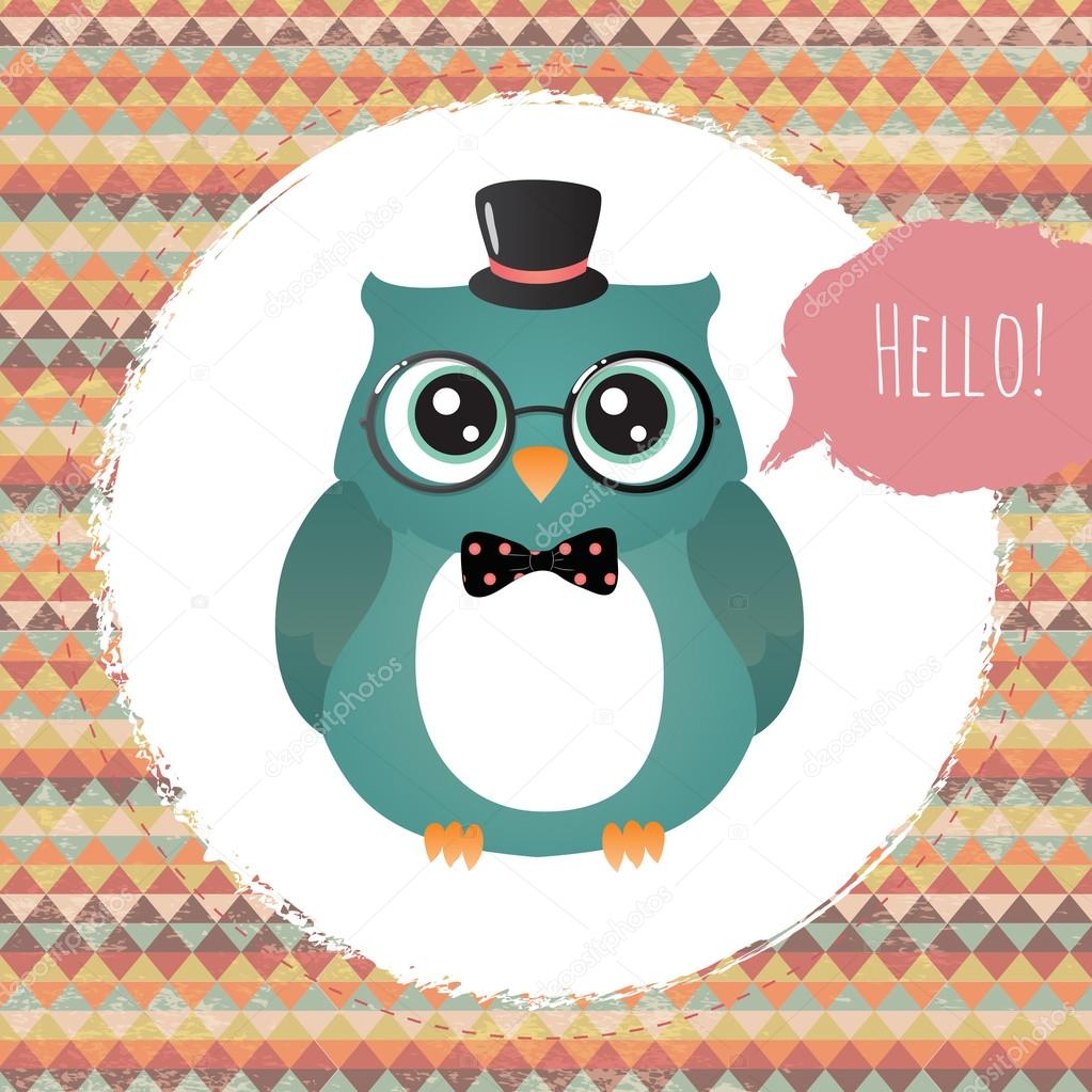 Hipster Owl in Textured Frame design illustration
