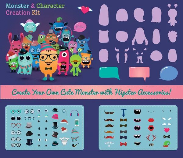 Monstruo Hipster y Kit de Creación de Personajes — Vector de stock