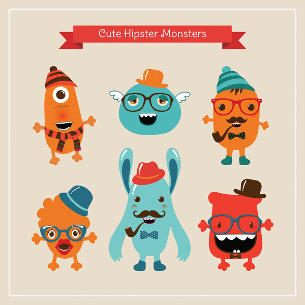 Vector Cute Retro Hipster Monsters Set