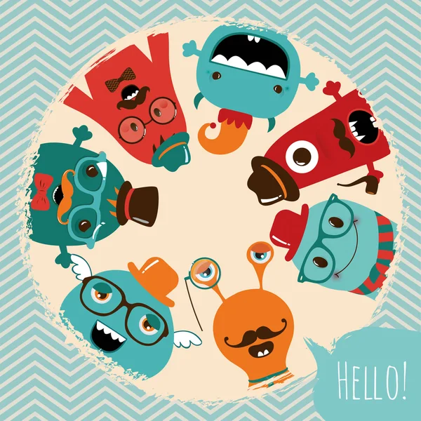 Hipster Retro Monsters Card Design — Stock Vector