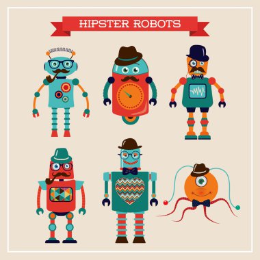 cute retro vintage hipster robotlar kümesi