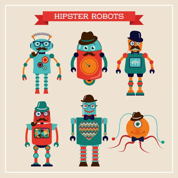 Uppsättning söta retro vintage hipster robotar — Stock vektor