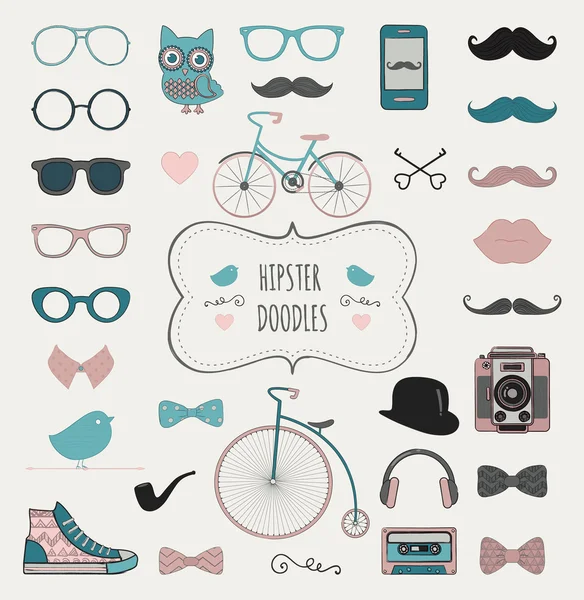 Hipster retro vintage doodle Ikonuppsättning — Stock vektor