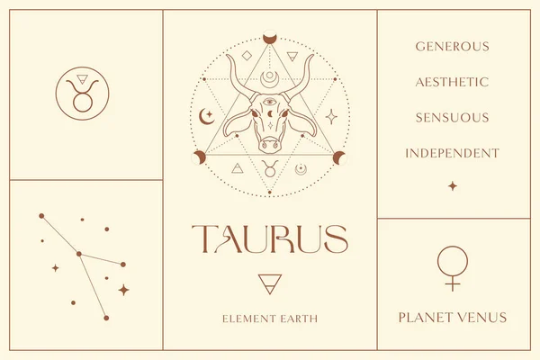 Illustrations de conception de signes du zodiaque du Taureau. Élément vectoriel ésotérique, icône — Image vectorielle