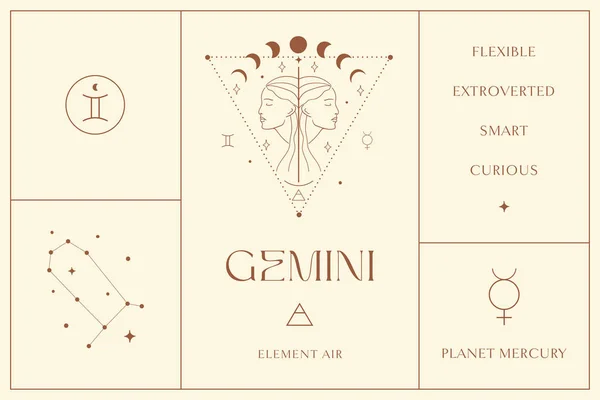 Gemini Zodiac Sign Design Illustrations (en inglés). Elemento vectorial esotérico, icono — Vector de stock