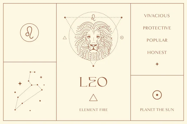 Leo Zodiac Sign Design Illustrations (en inglés). Elemento vectorial esotérico, icono — Archivo Imágenes Vectoriales