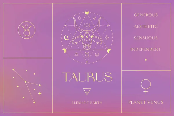 Taurus Gold Zodiac Sign Design Illustrations. Esoteric Vector Element, Icon — Vector de stock