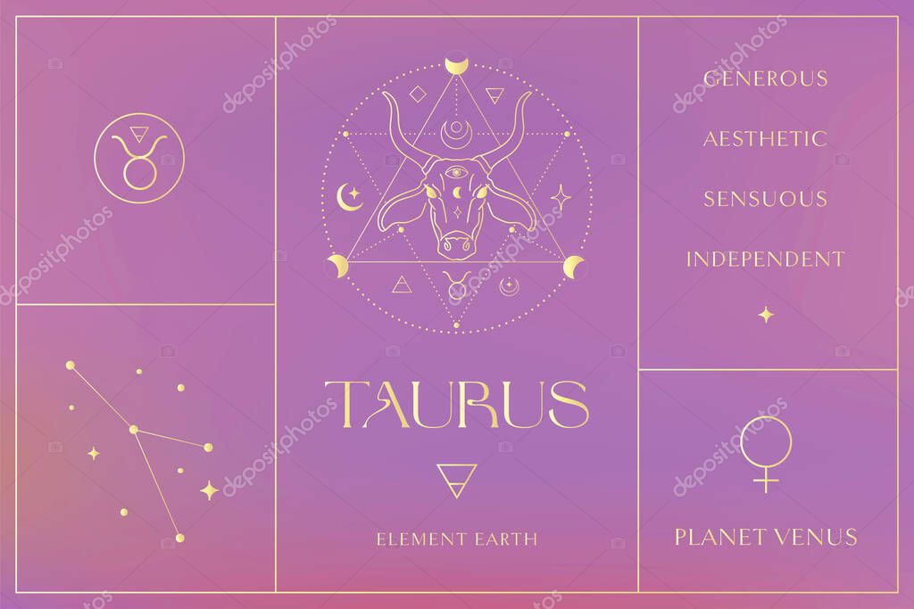 Taurus Zodiac Sign Design, Esoteric Abstract Logo, Mystic Spiritual Symbols, Icons. Astrology, Moon and Stars, Magic Esoteric Art. Gold Option