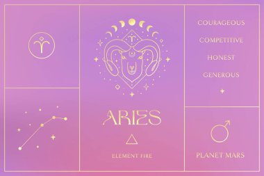 Aries Gold Zodiac Tabela Tasarımı Çizimleri. Esoteric Vektör Element, Simge