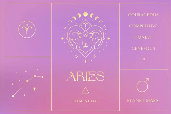 Aries Gold Zodiac Tabela Tasarımı Çizimleri. Esoteric Vektör Element, Simge — Stok Vektör