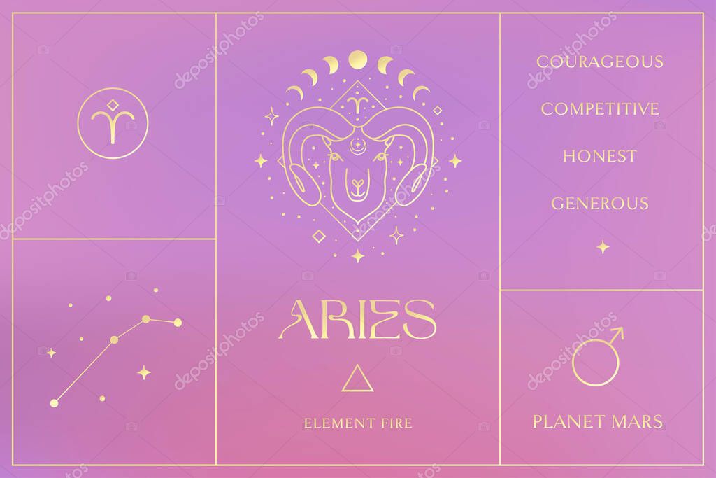 Aries Gold Zodiac Sign Design, Esoteric Abstract Logo, Mystic Spiritual Symbols, Icons. Astrology, Moon and Stars, Magic Esoteric Art.