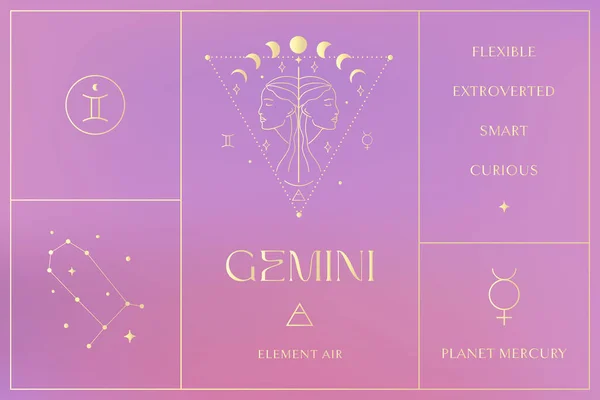 Gemini Gold Illustrations de conception de signes du zodiaque. Élément vectoriel ésotérique, icône — Image vectorielle