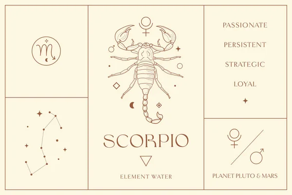 Scorpion Zodiaque Signe Design Logo Abstrait Ésotérique Symboles Spirituels Mystiques — Image vectorielle