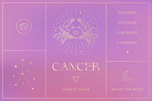 Set Cáncer Zodíaco Diseño Signos Oro Logo Abstracto Esotérico Símbolos — Archivo Imágenes Vectoriales