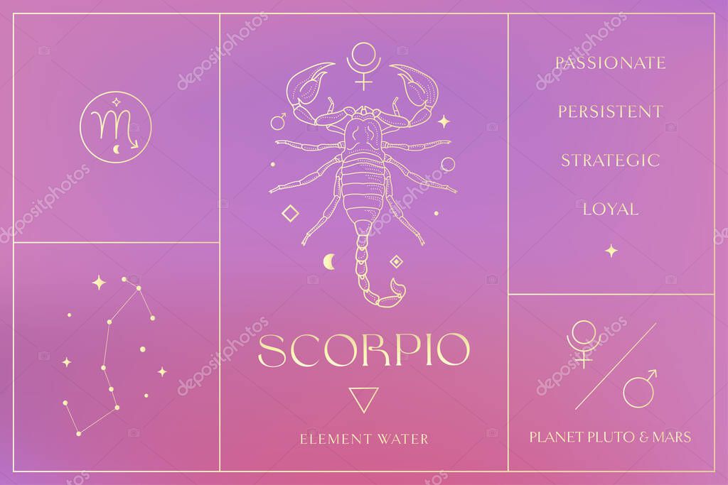 Scorpio Zodiac Sign Golden Design, Esoteric Abstract Logo, Mystic Spiritual Symbols, Icons. Astrology, Moon and Stars, Magic Esoteric Art.