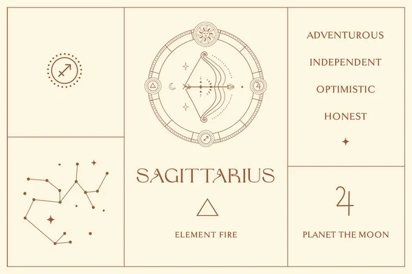 Sagittaire Zodiaque Signe Design Logo Abstrait Ésotérique Symboles Spirituels Mystiques — Image vectorielle