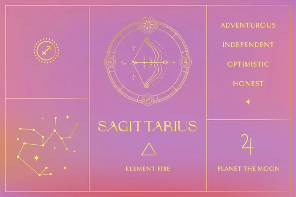 Sagittaire Zodiaque Gold Sign Design Logo Abstrait Ésotérique Symboles Spirituels — Image vectorielle