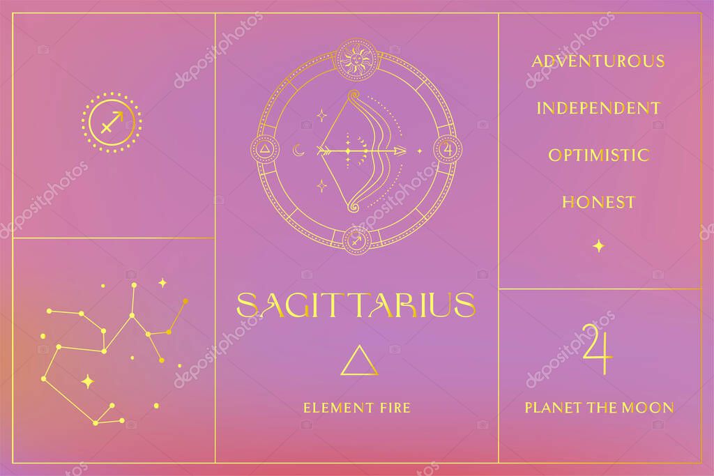 Sagittarius Zodiac Gold Sign Design, Esoteric Abstract Logo, Mystic Spiritual Symbols, Icons. Astrology, Moon and Stars, Magic Esoteric Art.
