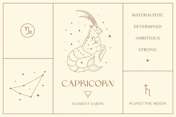 Capricorno Segno Zodiacale Design Logo Astratto Esoterico Simboli Spirituali Mistici — Vettoriale Stock
